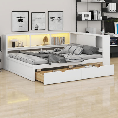 Contemporary Wood Daybed Frame Featuring LED Lighting, USB Charging & Storage Drawers