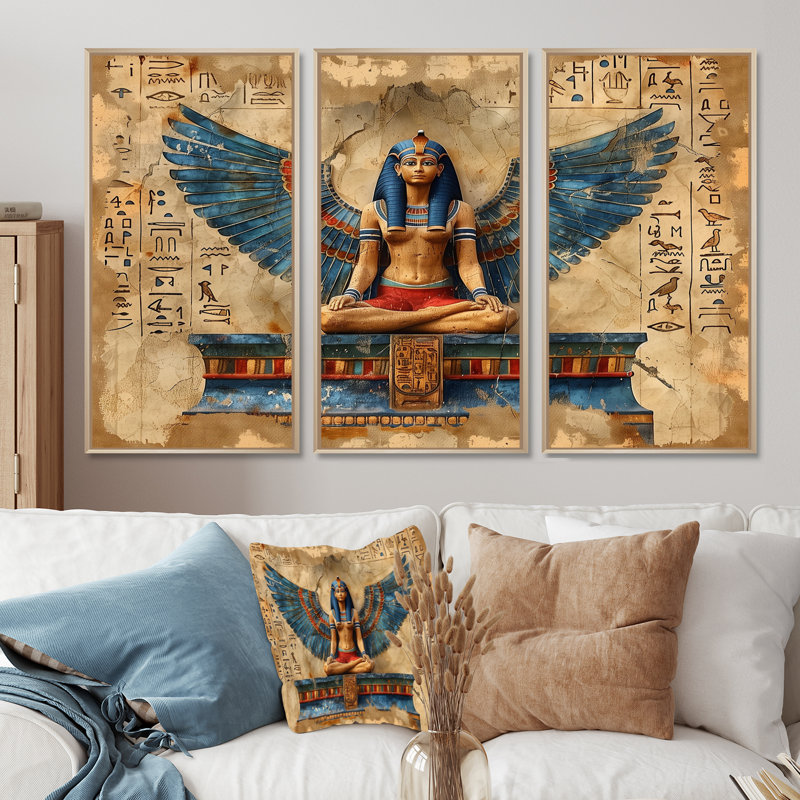 Bleu et beige, déesse égyptienne I - ensemble d'art mural égyptien, Toile naturelle avec cadre flottant