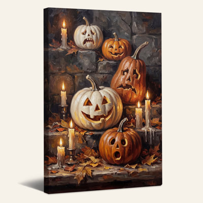 Citrouilles blanches et orange sculptées à la lumière des bougies - Toile murale d'Halloween