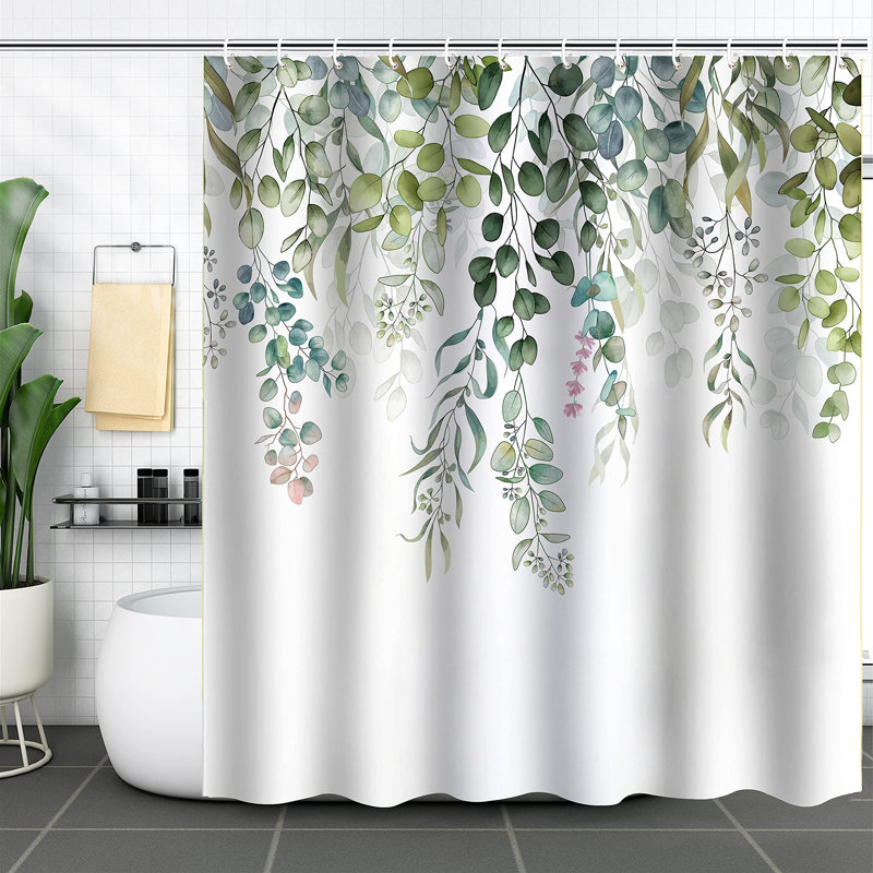 Bathroom Shower Curtain with 12 Hooks, Green Floral 1