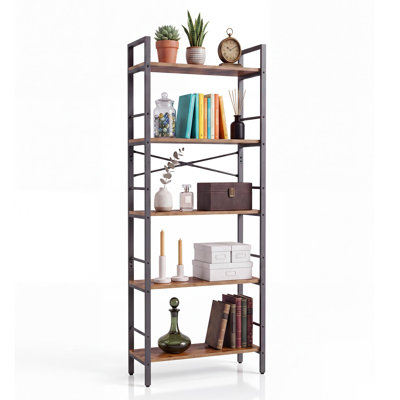 Bibliothèque et rangement de bureau industriel - bibliothèque ouverte à 5 niveaux de 67 po de hauteur, structure en métal et tablettes en bois avec rails latéraux, étagère de présentation étroite et autoportante pour le bureau personnel, le salon, le garde-manger