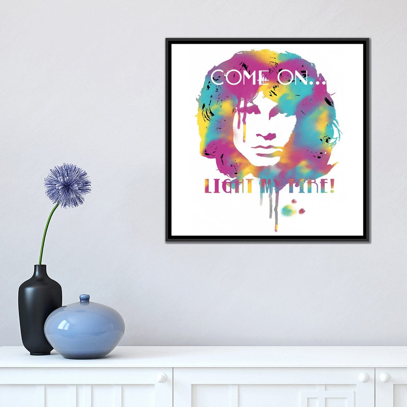 Jim Morrison «Light My Fire Watercolor» - publicité imprimée, H 18 po x l 18 po x 1,5 po, Toile avec cadre noir, Aucun mat