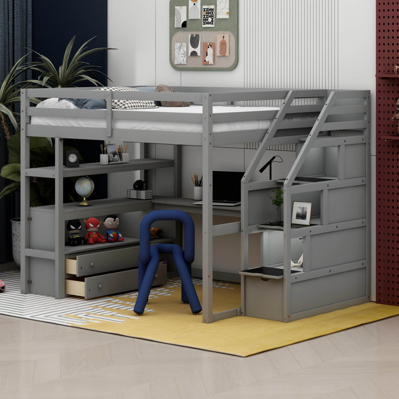 Lit mezzanine double avec tiroirs Varujhan Kids, Gris