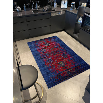 Blue-Burgundy Themed Traditional Motif Patterned Vintage Decorative Rug
