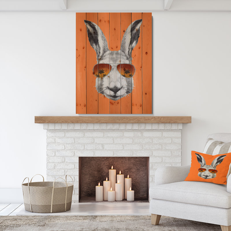 Animal avec lapin et lunettes de soleil sur toile - Lapin amusant, H 20 po x l 15 po x 0,78 po, Bois naturel