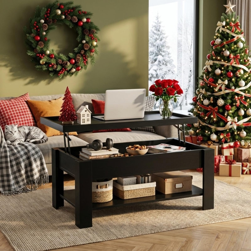 Lift Top Coffee Table with Hidden Storage, Modern Wood Center Table with Large Compartment and Shelf, Rising Desktop Dining Table for Living Room Home Office Small Space