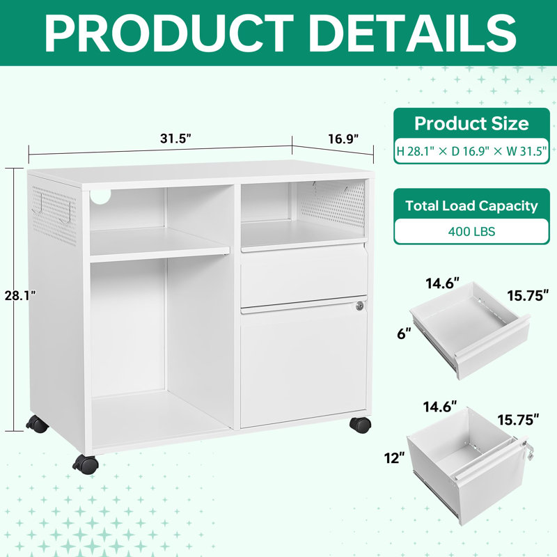 31.5'' Wide 2 -Drawer Mobile Steel File Cabinet, White