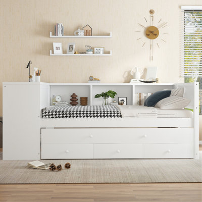 Lit de jour avec couchette, structure de lit de jour en bois avec tiroirs de rangement et tablettes latérales, lit de jour avec bureau