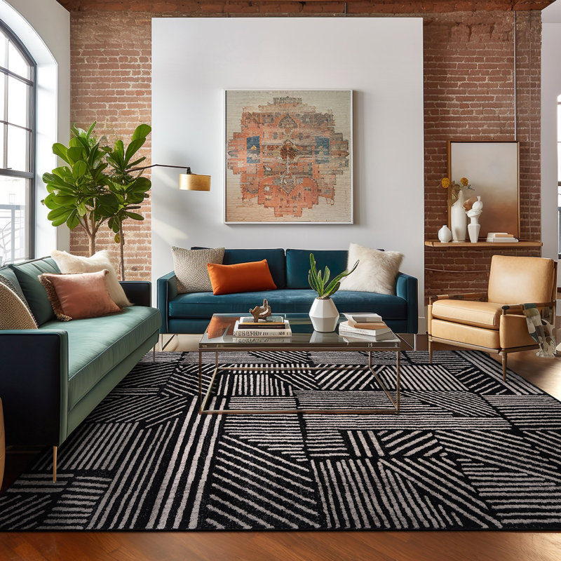Tapis géométrique noir / ivoire Rambo, Rectangle 5 pi x 7 pi, Black