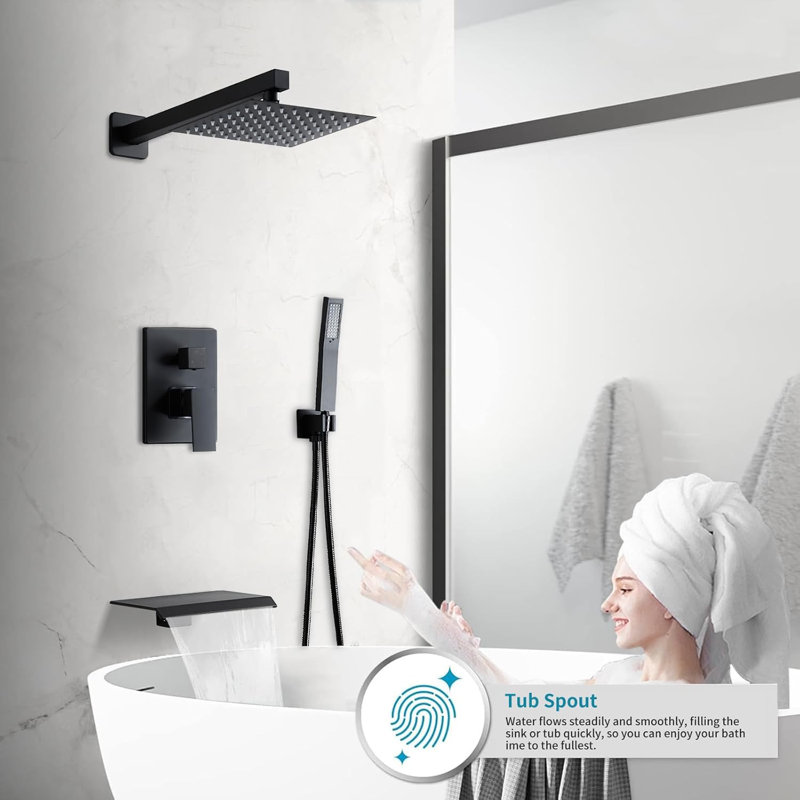Matte Black 3-Function Shower Tub Faucet Set – 10 Inch Rain Shower Handheld Spray Water-Saving High Pressure All-Metal Bathroom System
