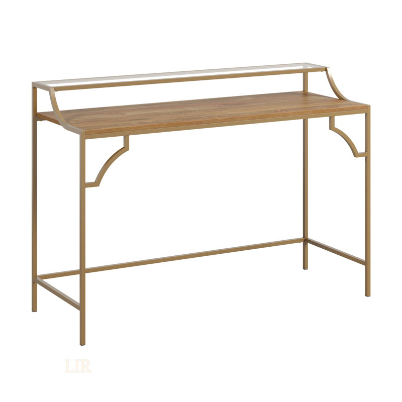 Bureau d'écriture orné avec finition brune, surface de travail spacieuse et structure en métal robuste pour la maison ou le bureau.