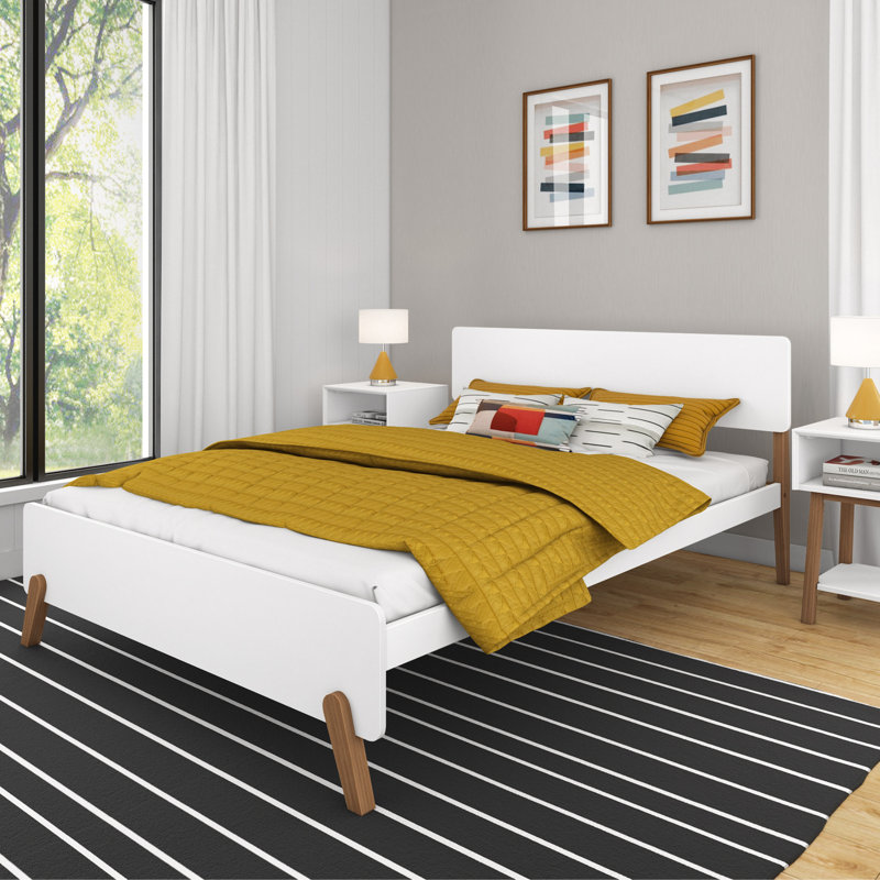 Mid-Century Modern Queen White and Pecan Pine Platform Bed