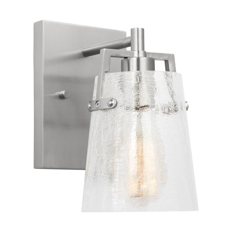 Crofton Bathroom Bedroom Wall Fixture With Clear Crackle Glass Shade, 1 Light, 9" H x 5.25" W x 7.5" D, Brushed Nickel