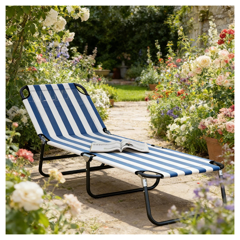 Chaise longue de camping, fauteuil de bronzage pliant moderne avec structure en acier, tissu Oxford bleu et blanc pour l'extérieur, la piscine et la plage