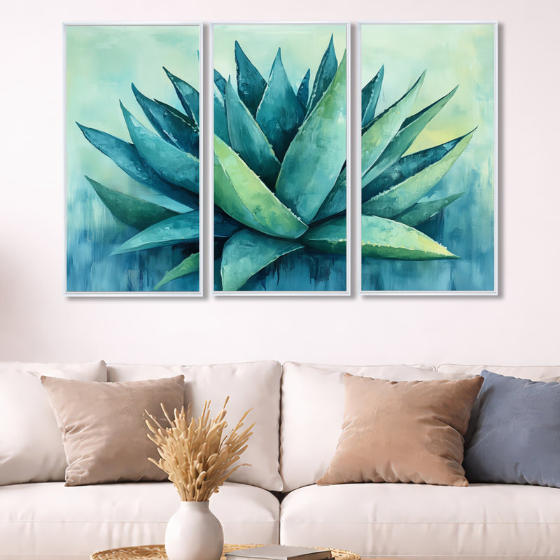 Agave bleue audacieuse - décoration murale encadrée 3 pièces, H 32 po x l 48 po, Cadre flottant blanc