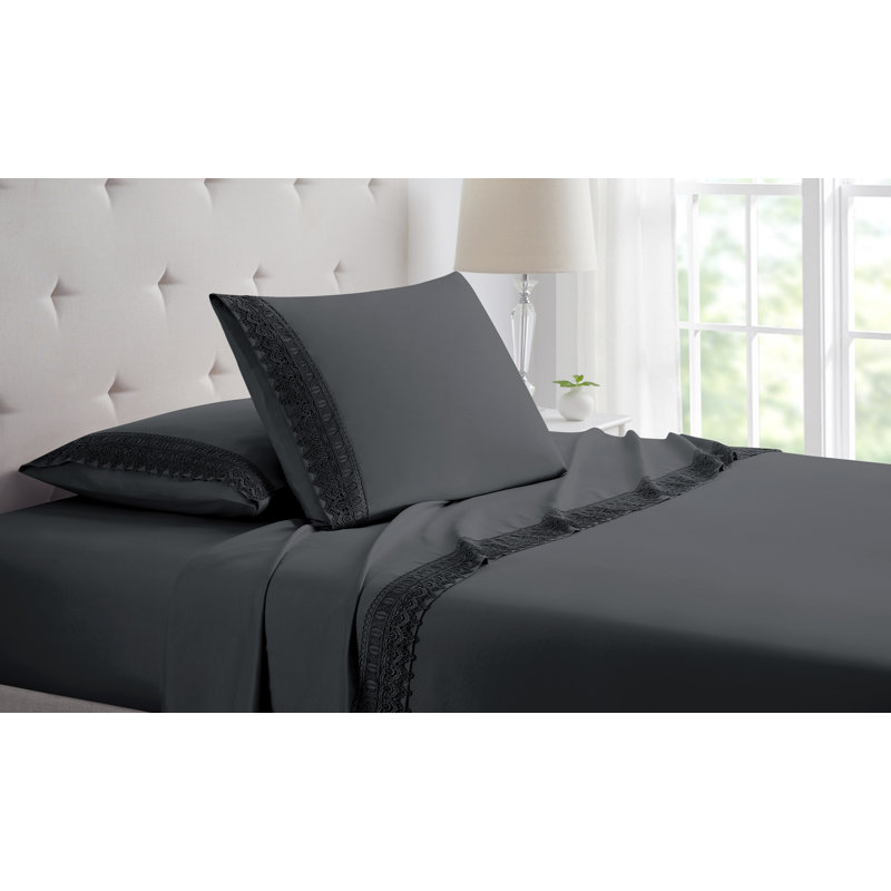 Twin Dark Gray Bamboo Microfiber Embroidered Sheet Set