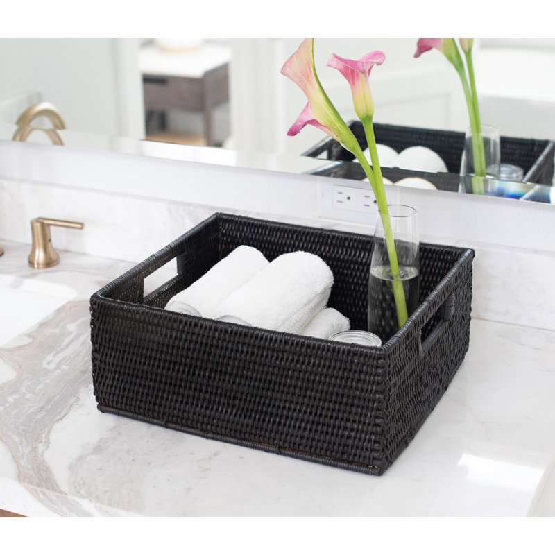 Panier de rotin rectangulaire avec poignées découpées, Noir Tudor, H 6 po x l 20 po x P 16 po
