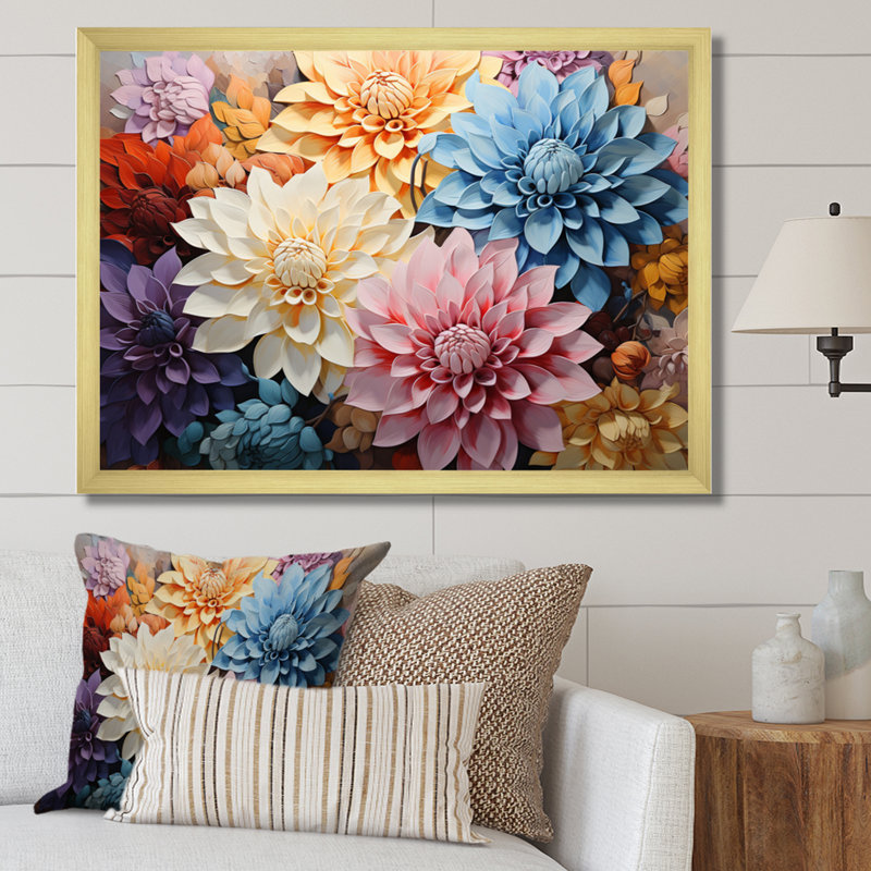 «Mums Autumn Hues Patchwork», reproduction d'art sur toile, H 16 po x l 32 po x P 1 po, Cadre doré simple