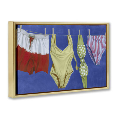 Bathing Suits on Laundry Line Black Framed Floater Canvas Wall Art, design by Grace Popp