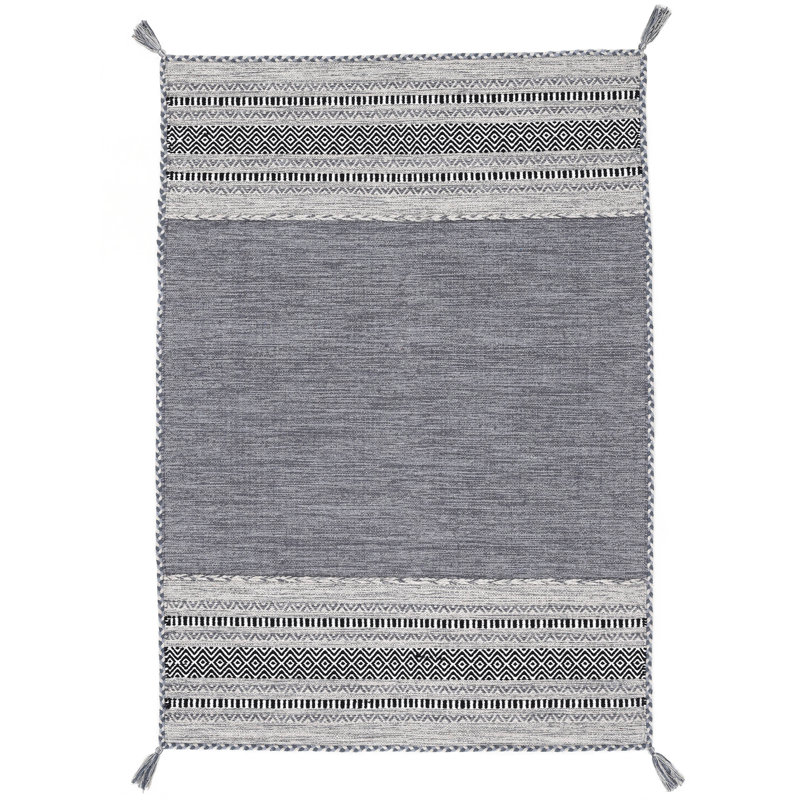 Azizi Striped Hand Woven Cotton Grey Rug, Rectangle 120 x 170cm