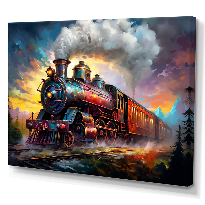 "Steamtrain Travelling In The Sunset", reproduction d'art sur toile I, H 16 po x l 32 po x P 1 po, Toile tendue
