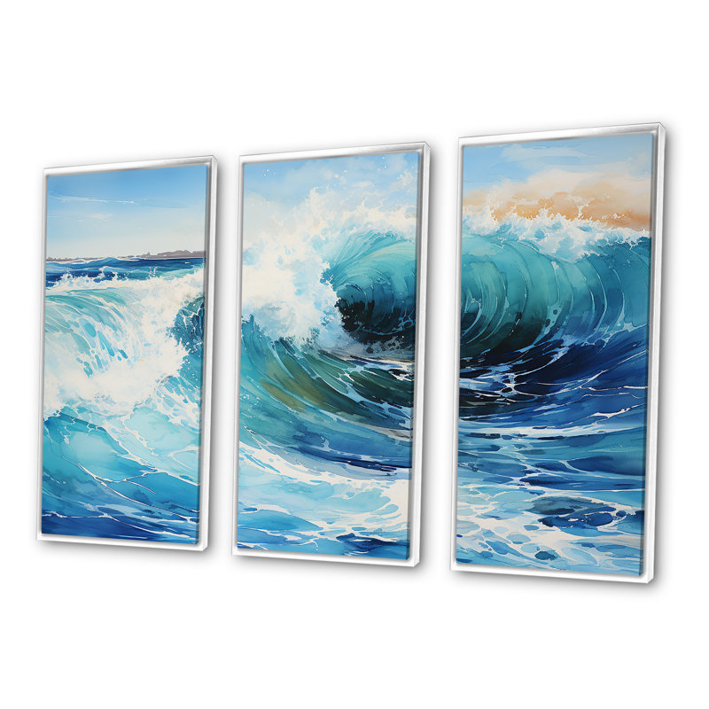 Beach Sunrise Tranquil Horizons IV - Ensemble de salon art mural océan, Cadre flottant blanc, H 32 po x l 48 po x P 1 po