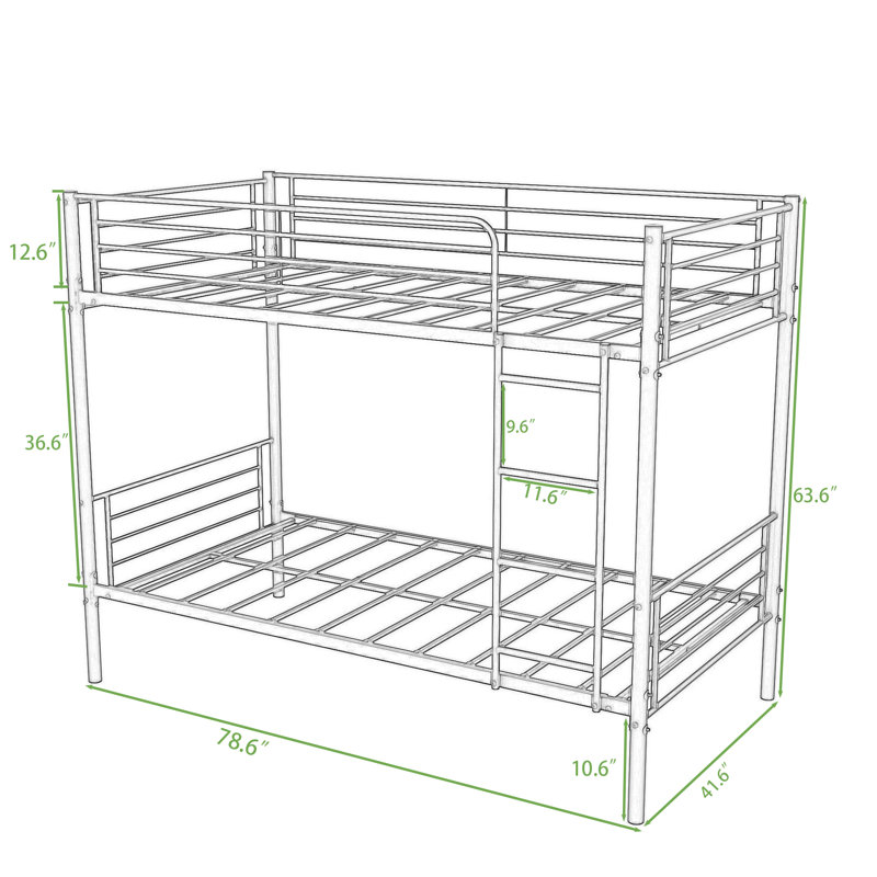 Twin Over Twin Bunk Bed Metal Frame With Ladder And Guardrails, Black