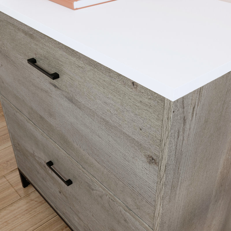 Unité latérale à deux tiroirs brun, finition chêne, accents gris, structure, idéal pour classer les finitions de décor de bureau personnel, tiroirs, cadre, utilisation
