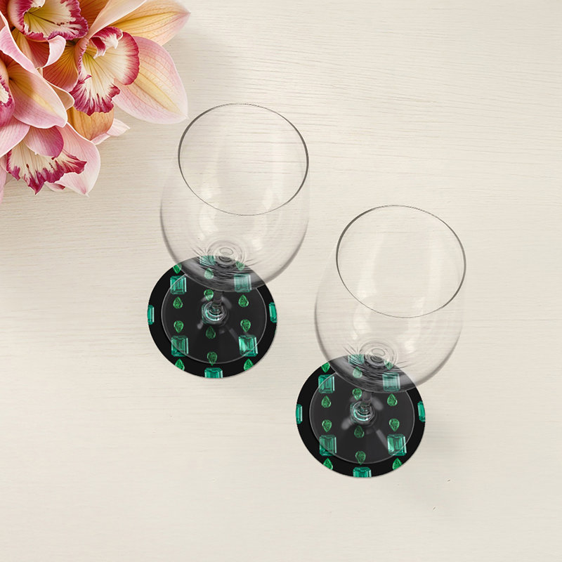 Gem Emeralds Gold Vegan Leather Round Coasters, Black