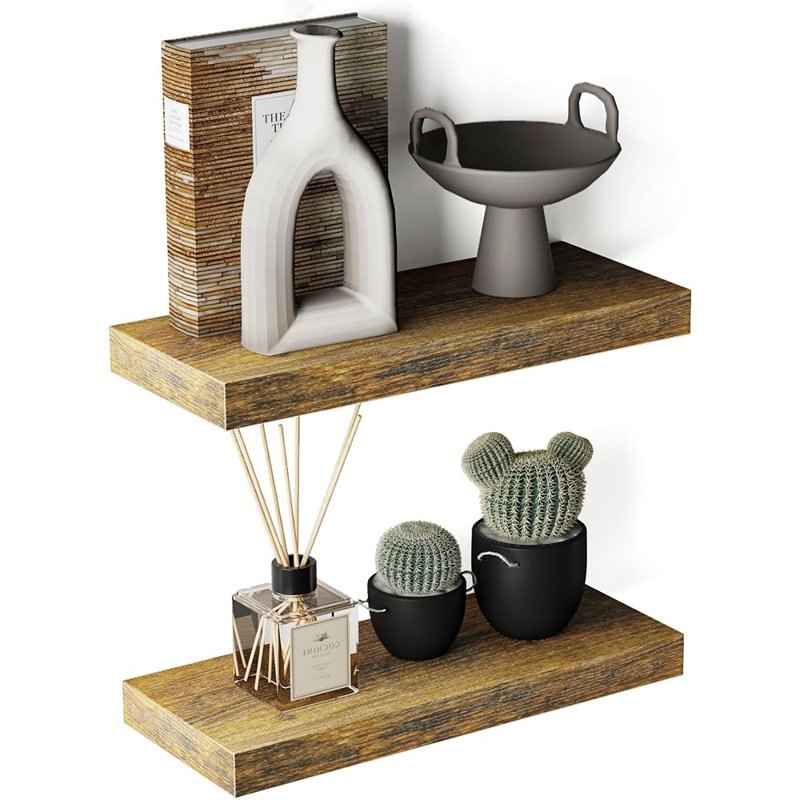 Floating Wall Decor Shelves With Invisible Brackets Set Of 2, Hanging Shelves For Bedroom, Bathroom, Living Room, Kitchen, 15.7 X 7.7 Inch (rustic Brown)