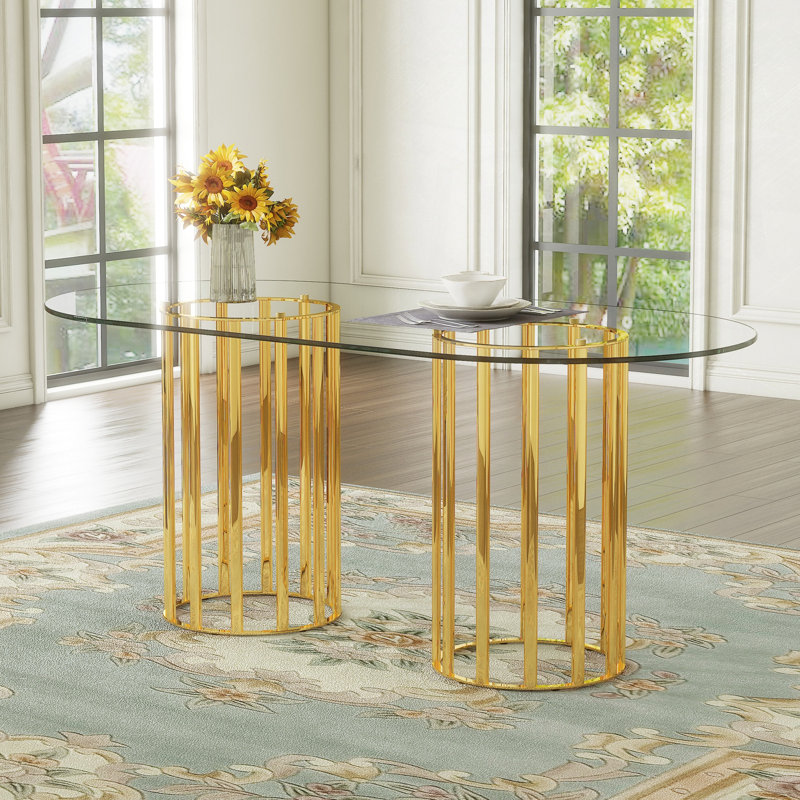 Table de salle à manger ovale en verre trempé avec colonne double, légère et luxueuse, résistante aux égratignures et facile à nettoyer. Convient pour 6 à 8 personnes.