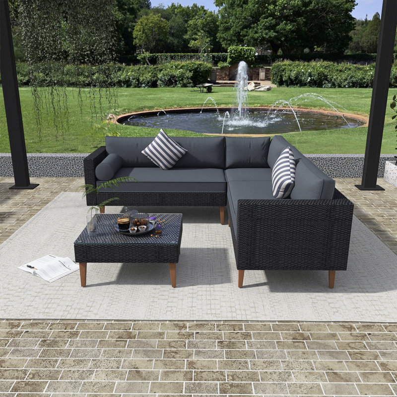 4-Pieces Outdoor Wicker Sofa Set, Gray Cushion/Black Frame