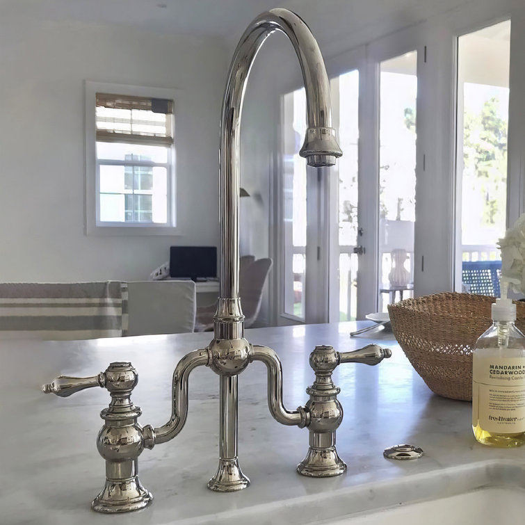 Whitehaus Collection Bridge Faucet with Gooseneck Swivel Spout and Solid Brass Side Spray