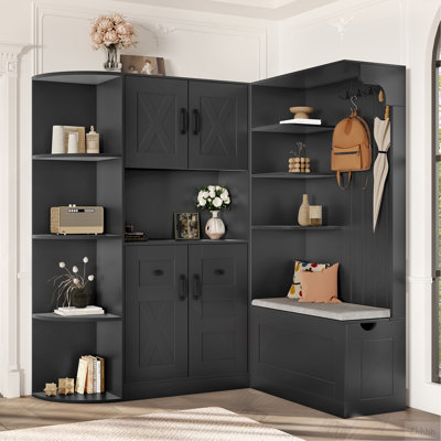 Multifunctional left-right combination hall cabinet (can be used separately) with storage and 4 hooks, storage cabinet/ hall tree 2 in 1 for living room, kitchen and hallway, Black