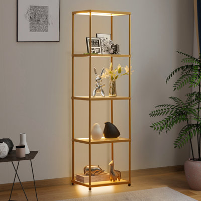 Étagère en verre DEL à 5 niveaux, bibliothèque avec lumières à intensité variable et cadre en métal à revêtement doré