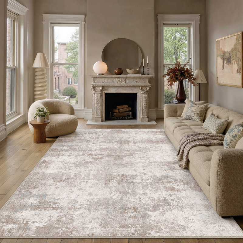 Tapis abstrait lavable à la machine avec envers antidérapant Elroy, 0.28", Beige, Rectangle 6 pi x 9 pi