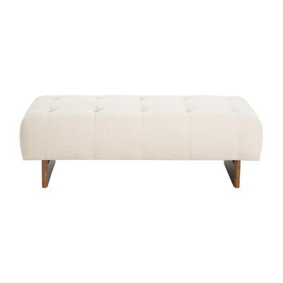 Rectangular Upholstered Tufted Linen Fabric Ottoman Bench, Solid Wood Legs, Beige