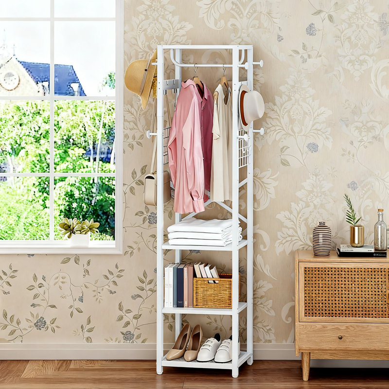 Coat Rack with Shelves, Freestanding Hall Tree, Coat Tree with 16 Hooks and Hanging Rail, Industrial Clothes Stand for Entryway, Hallway, Bedroom, (White)