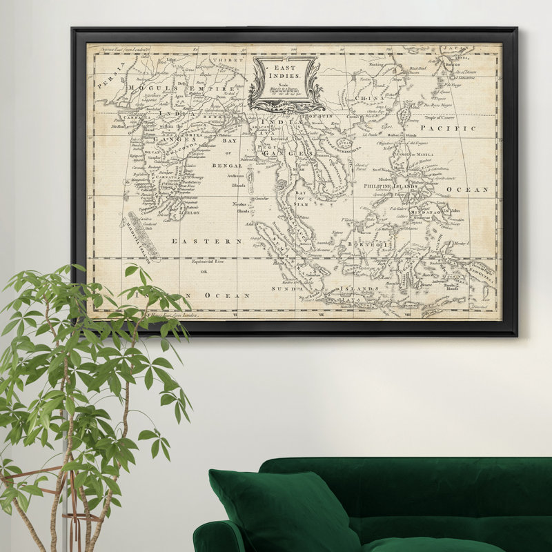 Carte des Indes orientales-impression d’art graphique sur toile encadrée, Cadre noir, H 18,5 po x l 24,5 po x P 1,5 po