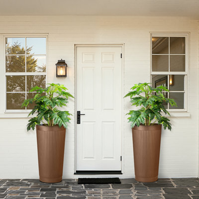 24 Inch Tall Round Self Watering Plastic Planter 2-Pack, Striped Floor Plant Pot for Indoor Outdoor Use