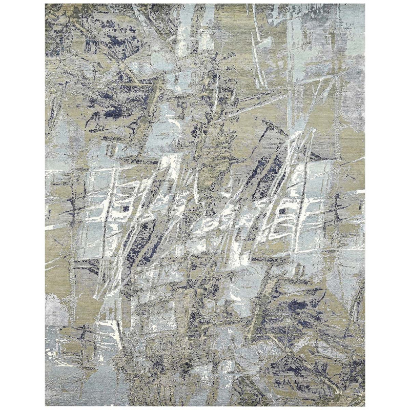 Tapis gris / bleu clair / ivoire noué à la main de haute qualité, Rectangle 8 pi x 10 pi