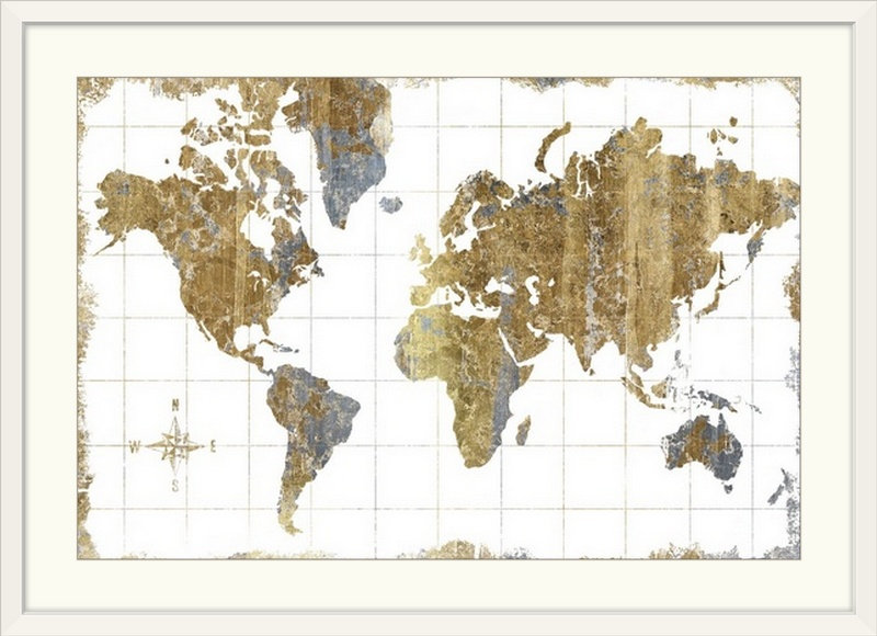 « gilded map », impression, H 32 po x l 44 po x P 1 po, Cadre blanc