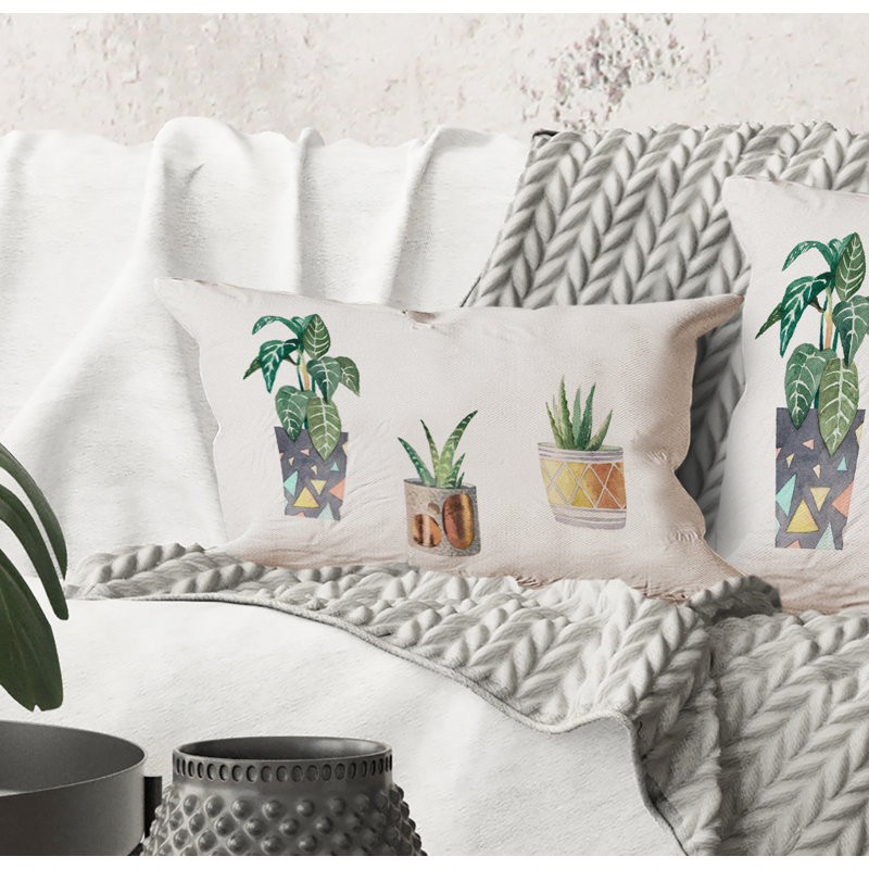 Rectangle, trois plantes d'intérieur en pot - Coussin décoratif imprimé traditionnel