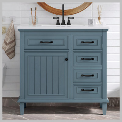 Meuble-lavabo de 36 pouces avec comptoir en céramique, structure en bois massif, armoire en bois aggloméré et peuplier, tiroirs rabattables, tablette réglable et poignées en alliage de zinc, armoire de rangement autoportante (robinet non inclus)