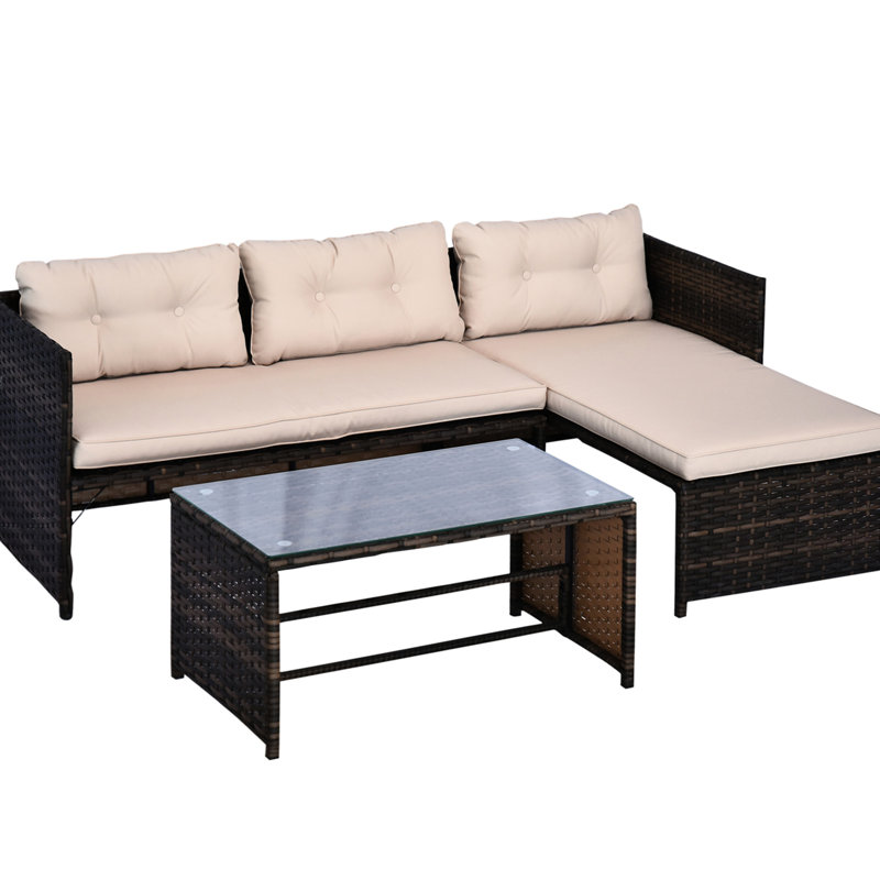 Ensemble modulaire d'extérieur 3 pièces - Patio avec méridienne, coussins, table en verre, utilisation toutes saisons, siège confortable beige, plateau de table trempé,