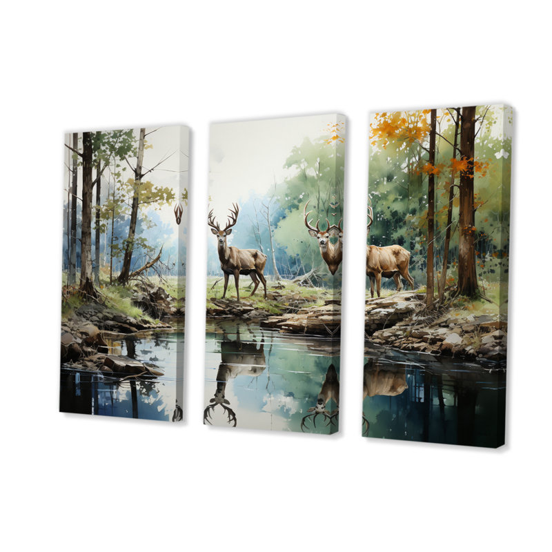 «Deer Majestic Reflections on Canvas», reproduction de 3 pièces, H 28 po x l 36 po x P 1 po