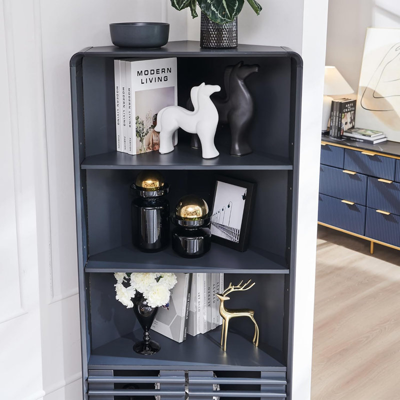 Armoire de salle de bain autoportante, armoire de rangement en coin avec casier caché en dessous, Gris foncé
