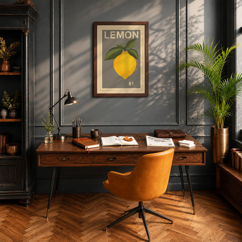 Lemon Price Label Retro - Framed Print, A4 - 29.7 x 21.0 cm, Walnut