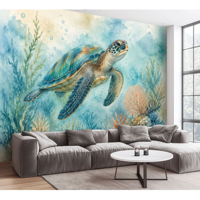 Wall Mural Peel and Stick Wallpaper Sea Turtle Teal Coral Seaweed Bubbles Ocean Watercolor Hand Painted Self-Adhesive Removable Contact Paper Wall Decor for Living Room Bedroom 100"H x 144"W