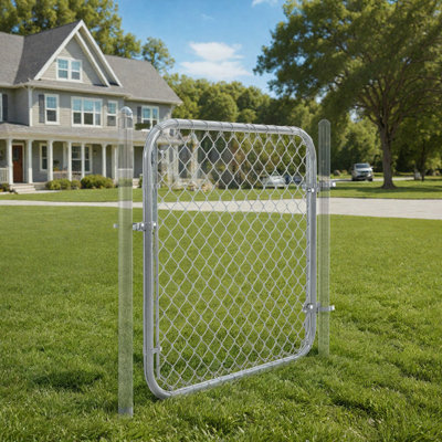 4FT H x 4FT W Silver Chain Link Fence Gate with Round Frame, Hinge & Lock for Yard or Animal Enclosures, Fits 52 in. Openings